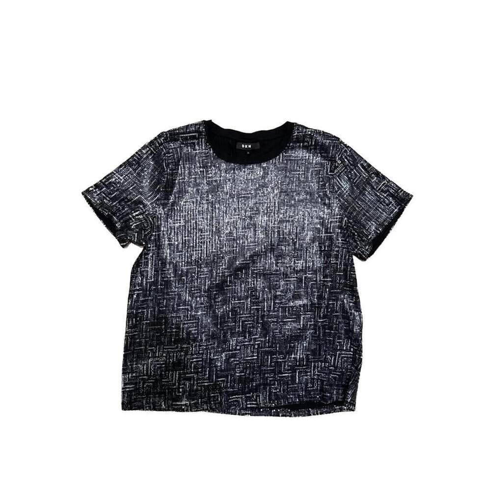 DKNY Women's Black and Silver Sequin Embellished Short Sleeve T-Shirt Size XL
